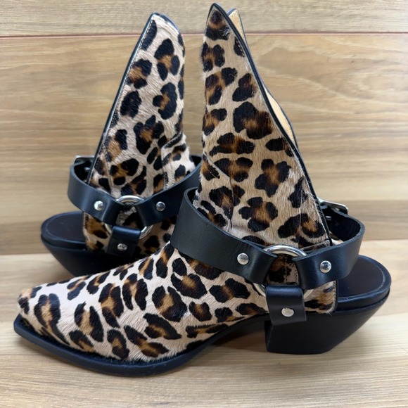 R13 Half Cowboy Boots Leopard Womens 6 EU 36 Harness Buckle Snip Toe Calf Hair - Picture 6 of 10